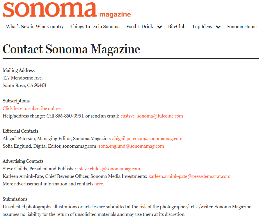 Sonoma magazine masthead contact information