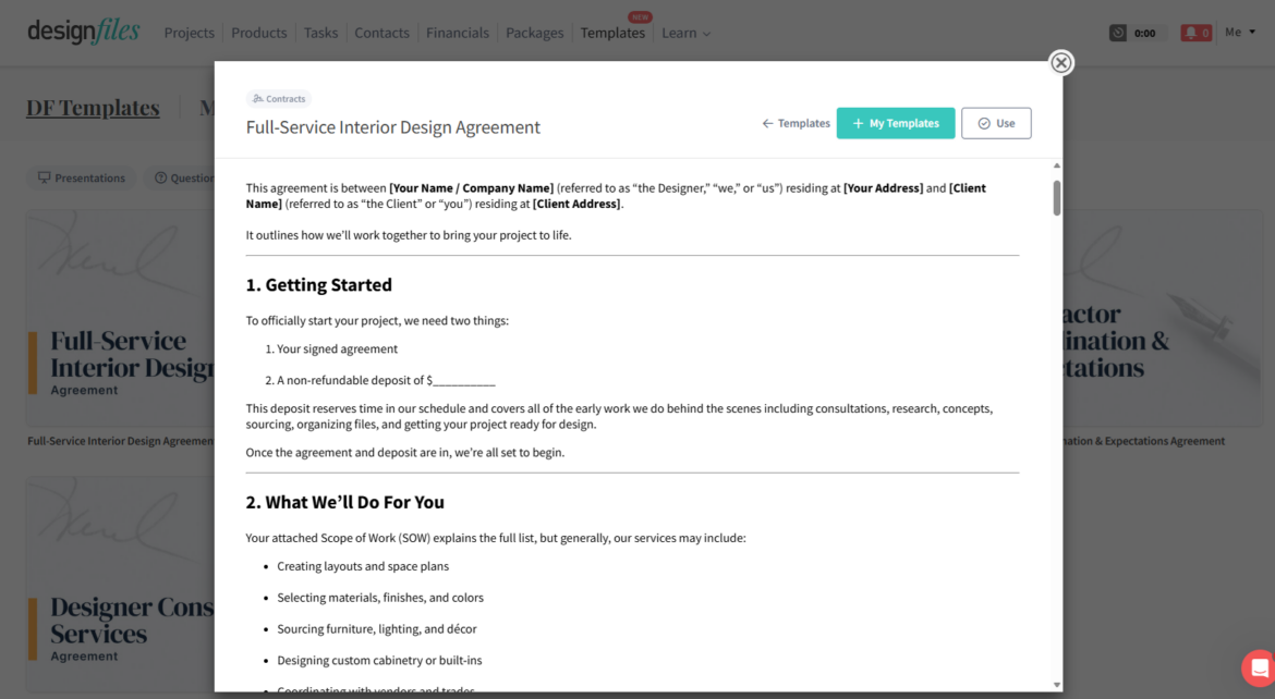designfiles interior design agreement template first page