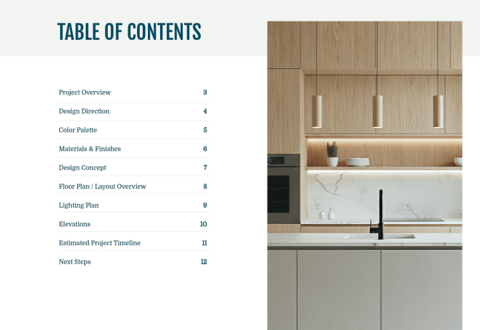interior design presentation table of contents example slide