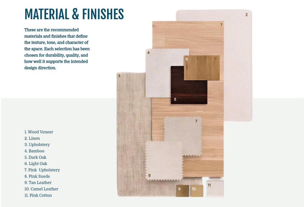 interior design presentation materials and finishes example slide