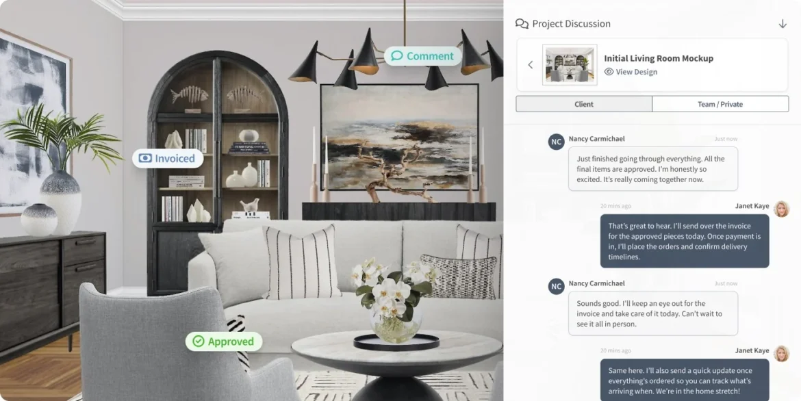 interior design communication and approval with clients, shown in the DesignFiles interface