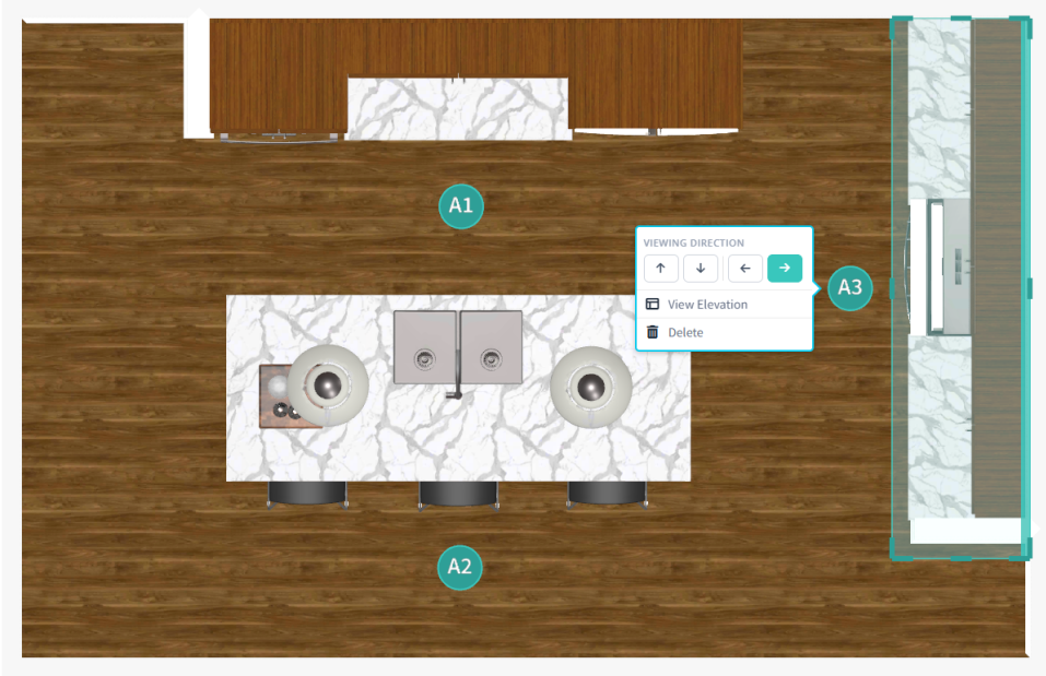 The kitchen from above in DesignFiles' Elevations mode. Each marker keys one elevation. Top-down plan of a kitchen in DesignFiles Elevations mode with markers A1, A2, and A3 keying each elevation
