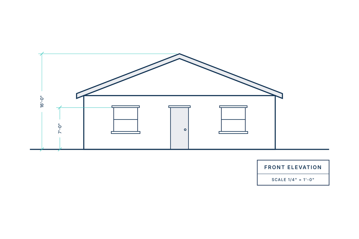 A simple exterior elevation of a basic house face. Grade line, two windows, one door, roof outline, two height dimensions, title and scale